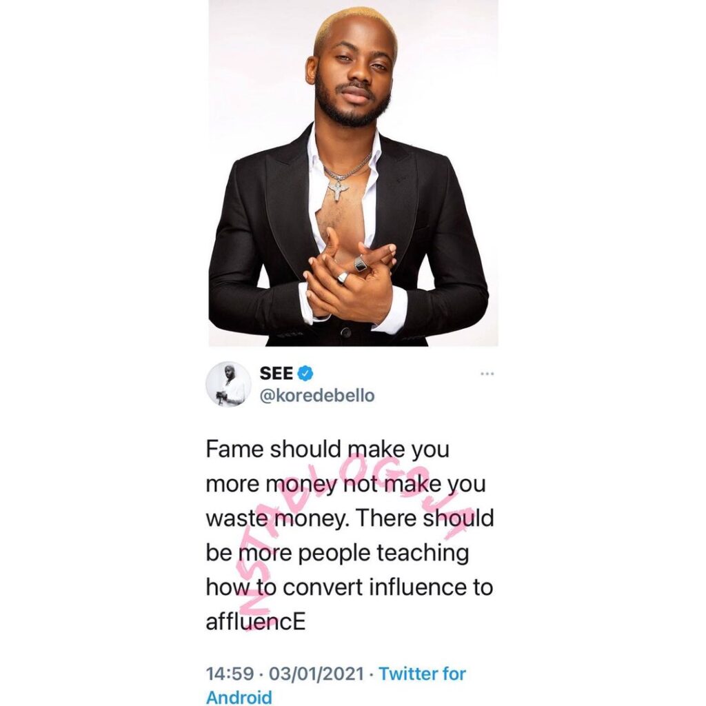 Fame should make you more money not make you waste money — Singer Korede Bello
