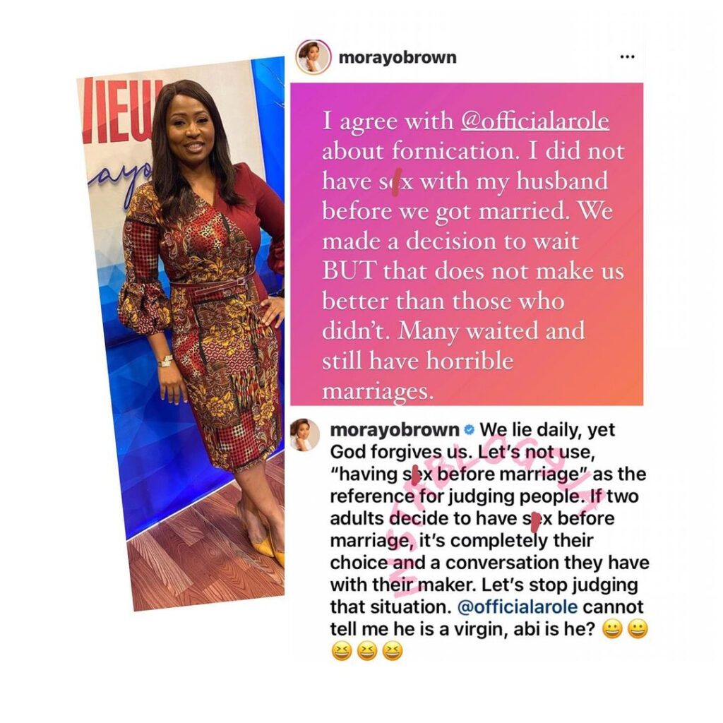 Let’s not judge people who decide to have s*x before marriage — Tv Personality, Morayo Brown tells Comedian WoliArole [Swipe]