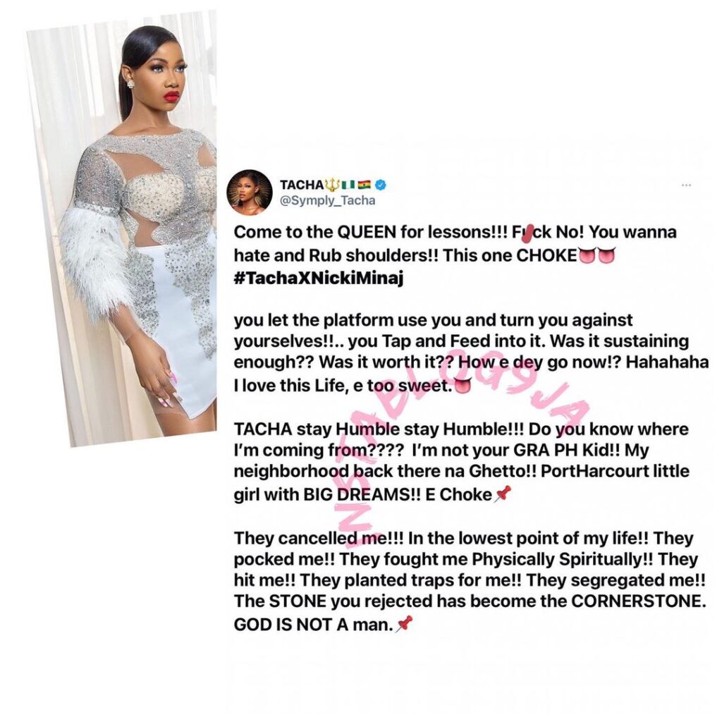 Following her latest achievement, reality Star, Tacha drags those that wrote her off. [Swipe]