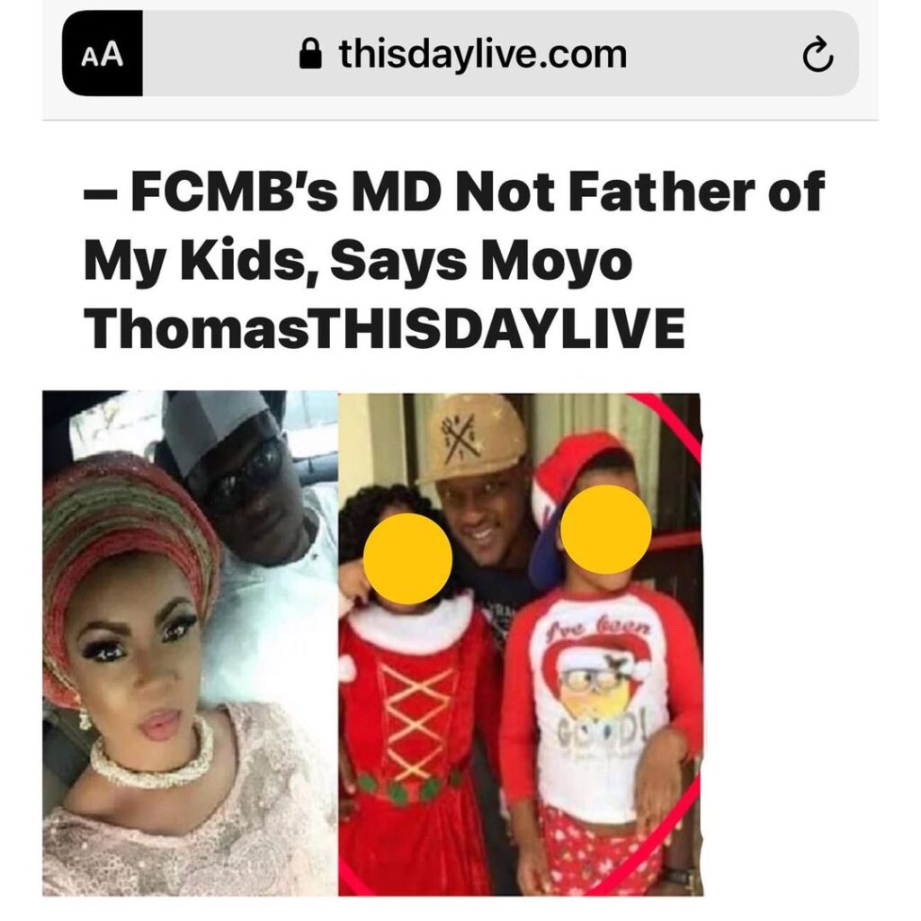 FCMB MD is not the father of my children - Moyo Thomas [SWIPE]