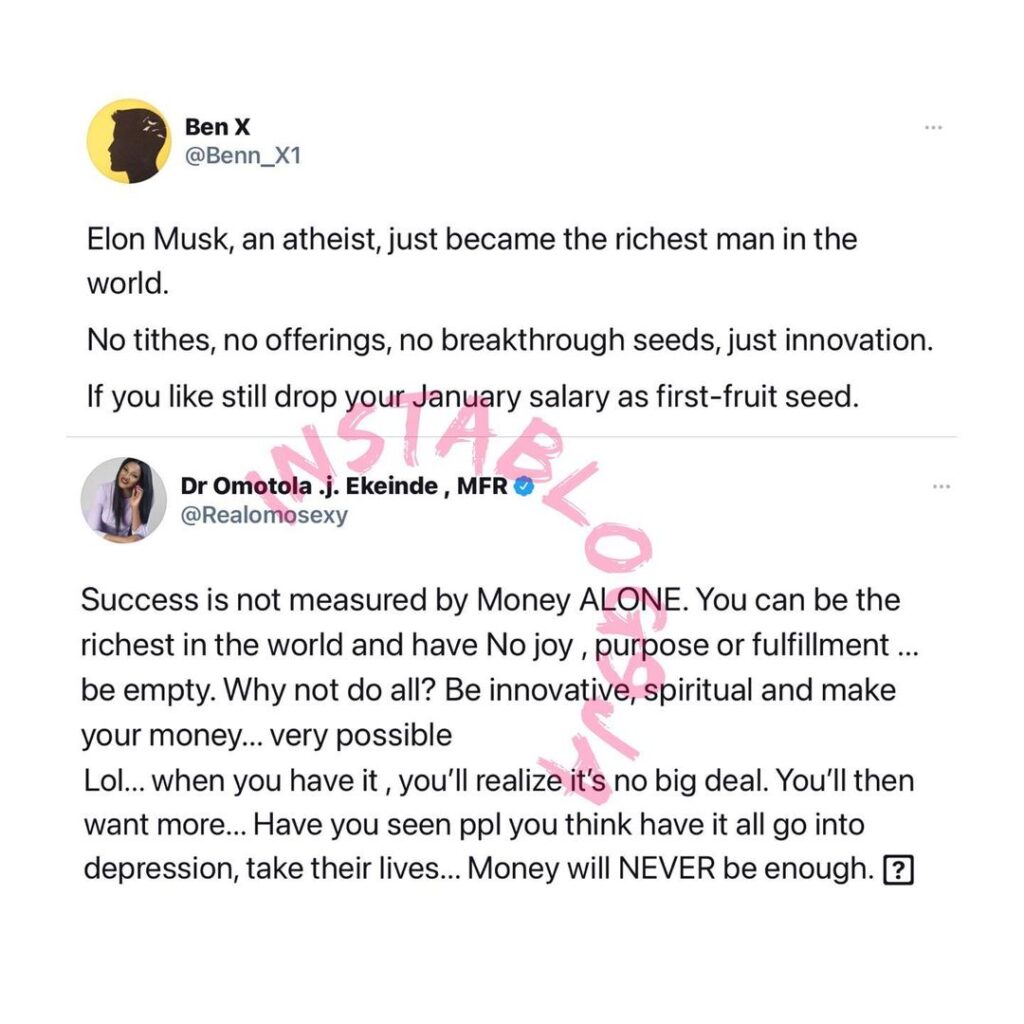 Elon Musk: Success is not measured by Money alone — Actress Omotola Jolade