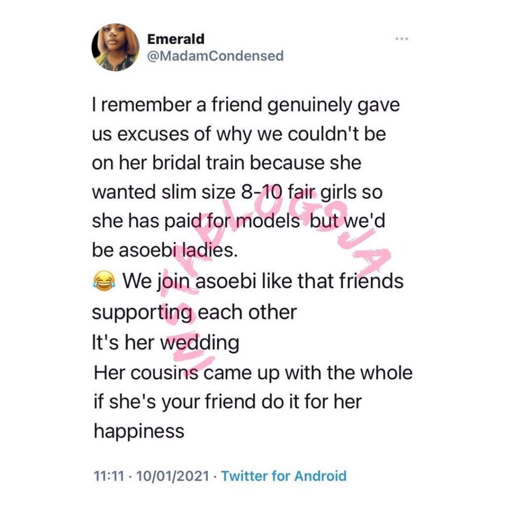 Lady tells her friends why they couldn’t be on her bridal train