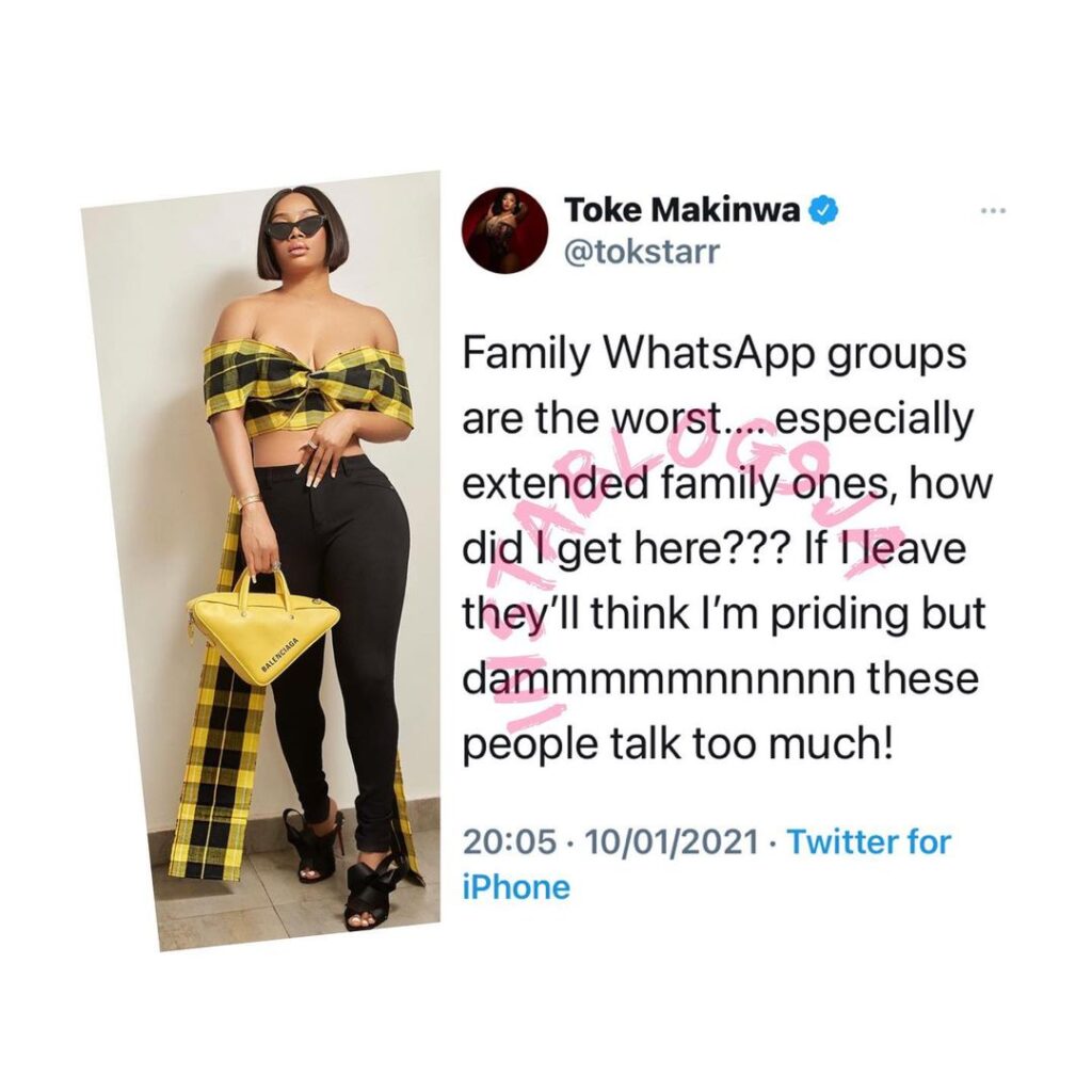 Media Personality, Toke Makinwa, highlights why Family WhatsApp groups are the worst