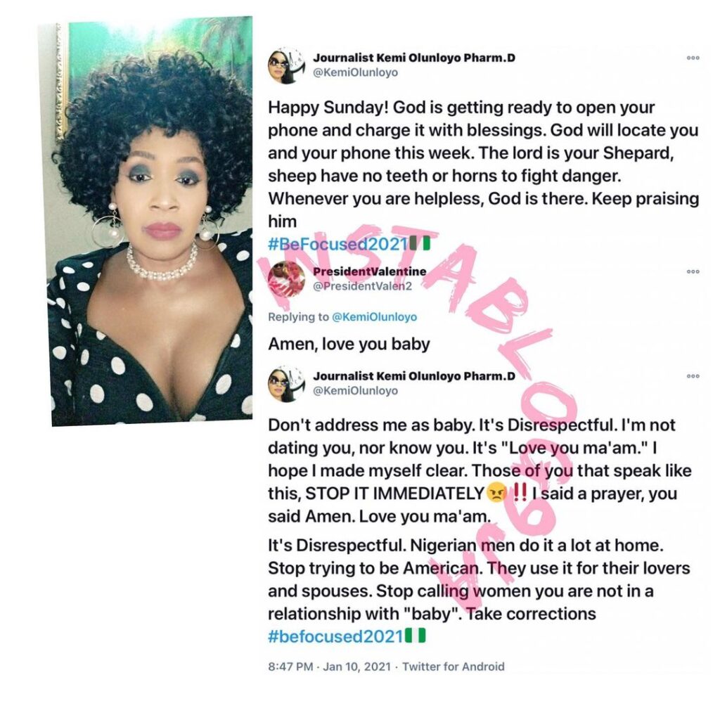 Journalist Kemi Olunloyo berates a fan who called her “baby”