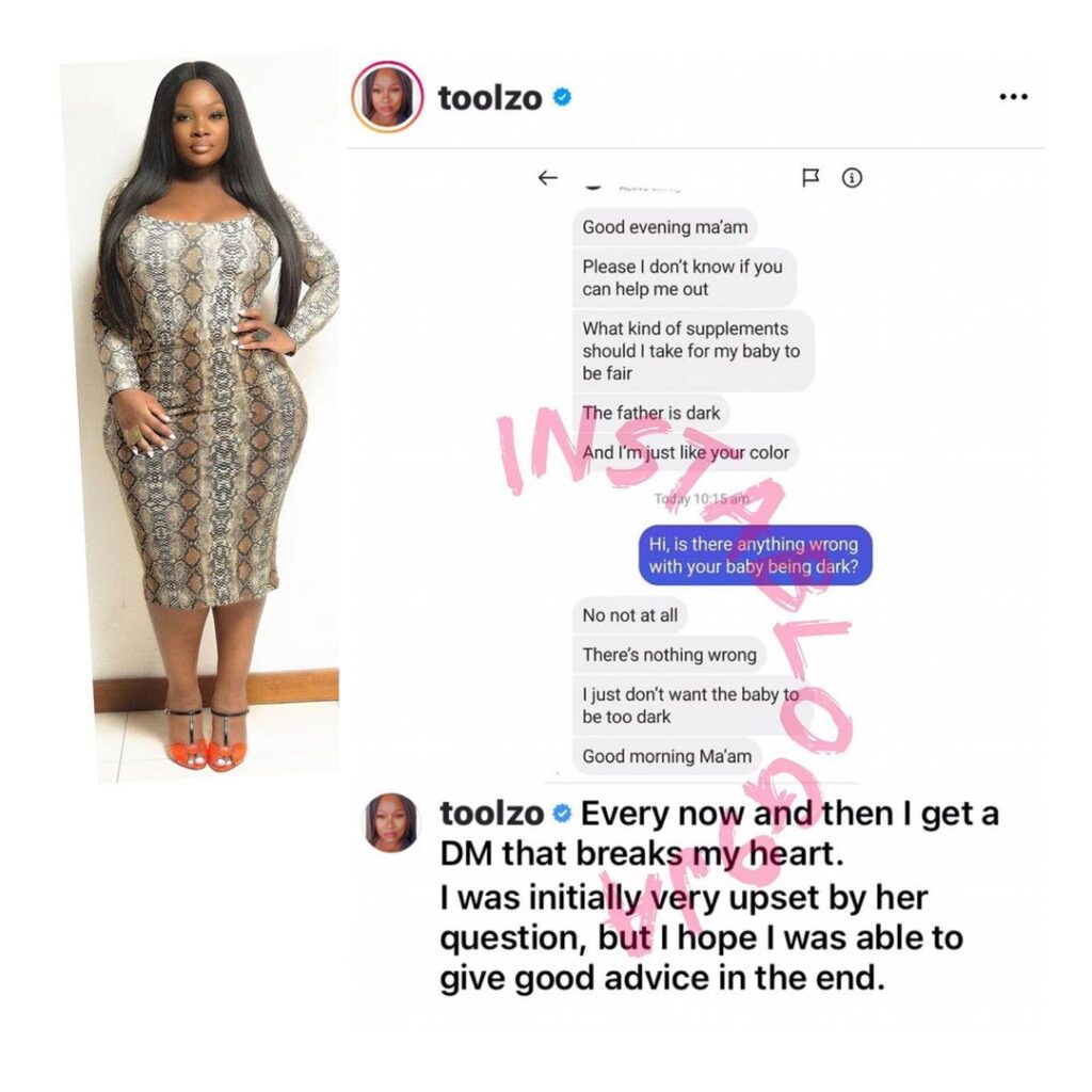 OAP Toolz shares the screenshots of DM she received from a pregnant woman who wants a fair skinned baby [Swipe]