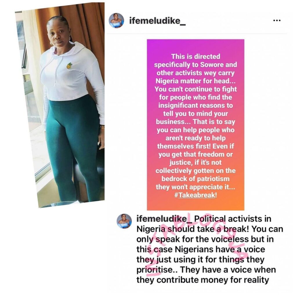 Stop fighting for Nigerians. They have a voice, but use it to argue about Davido and Burnaboy — Actress Ifemeludike tells activists. [Swipe]