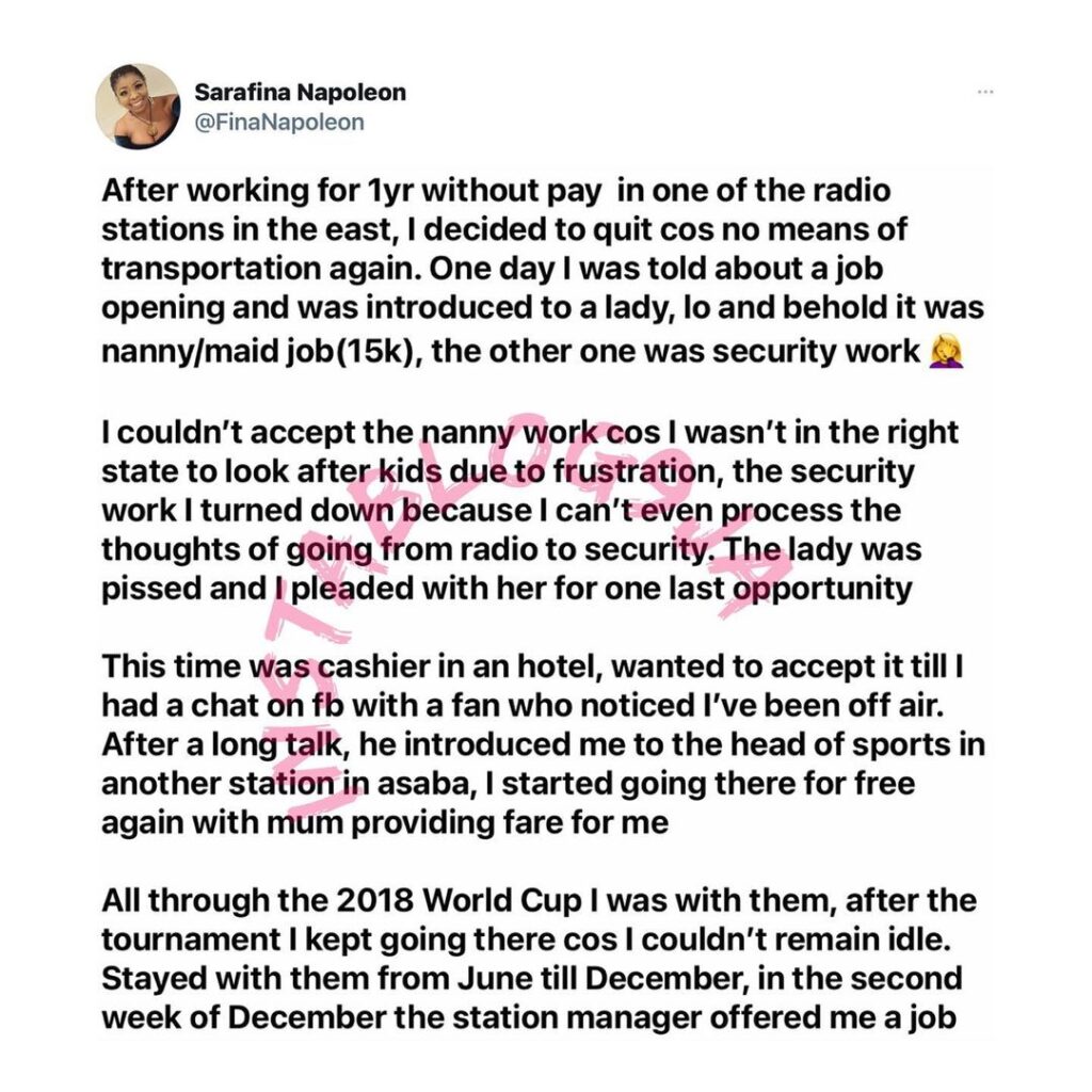 How I left a N30k/month job offer in Delta State for nothing in Lagos — OAP Sarafina. [Swipe]