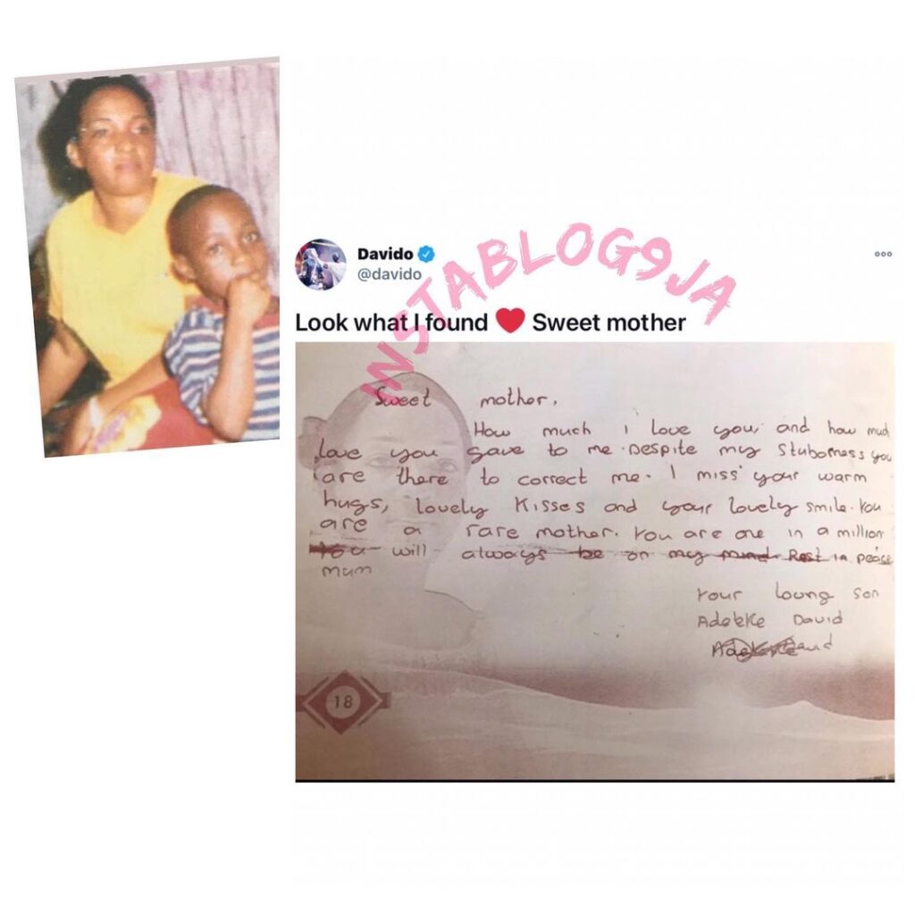 Singer Davido shares an old tearjerking letter he wrote to his late mom