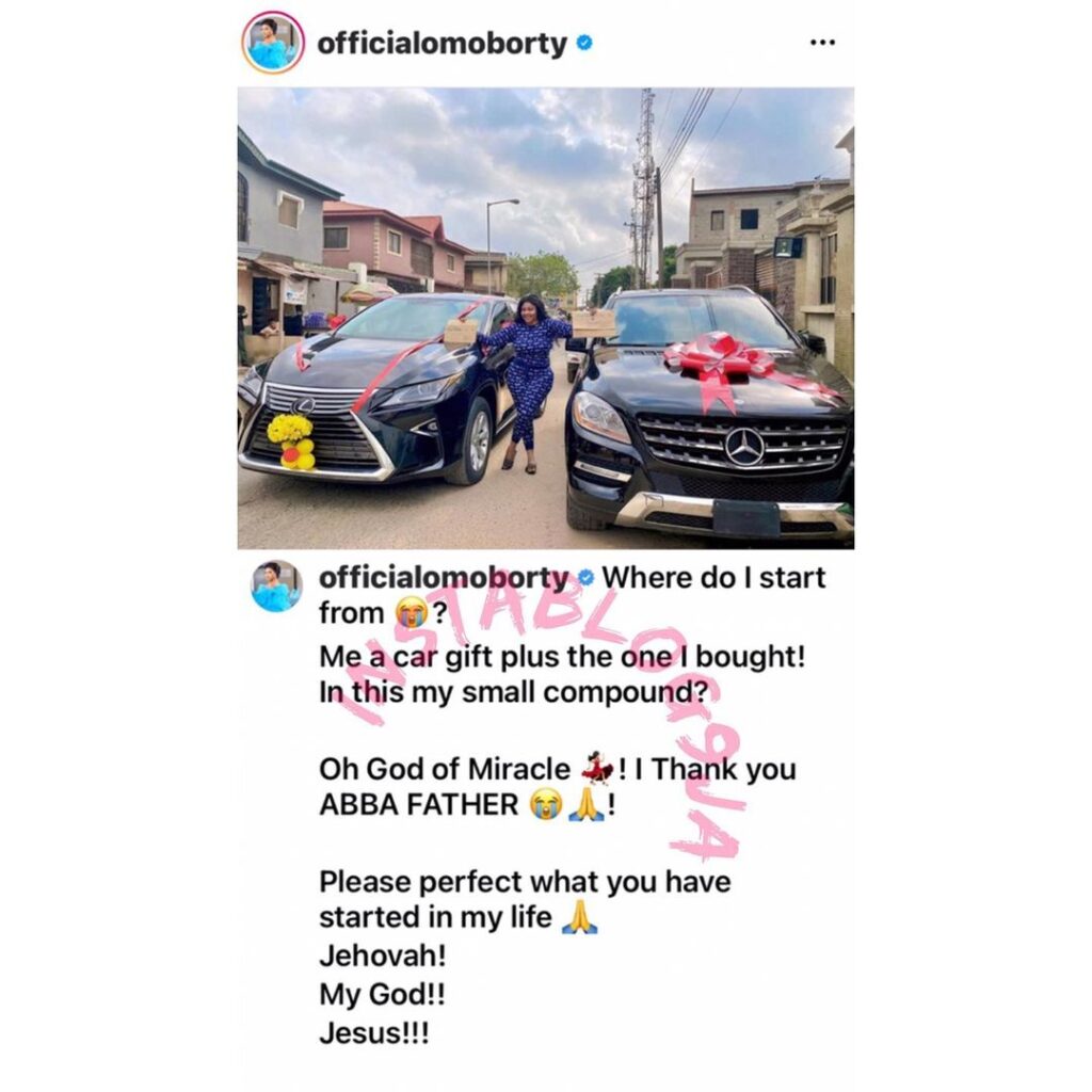 Actress Biodun Okeowo gets two luxury cars in one day