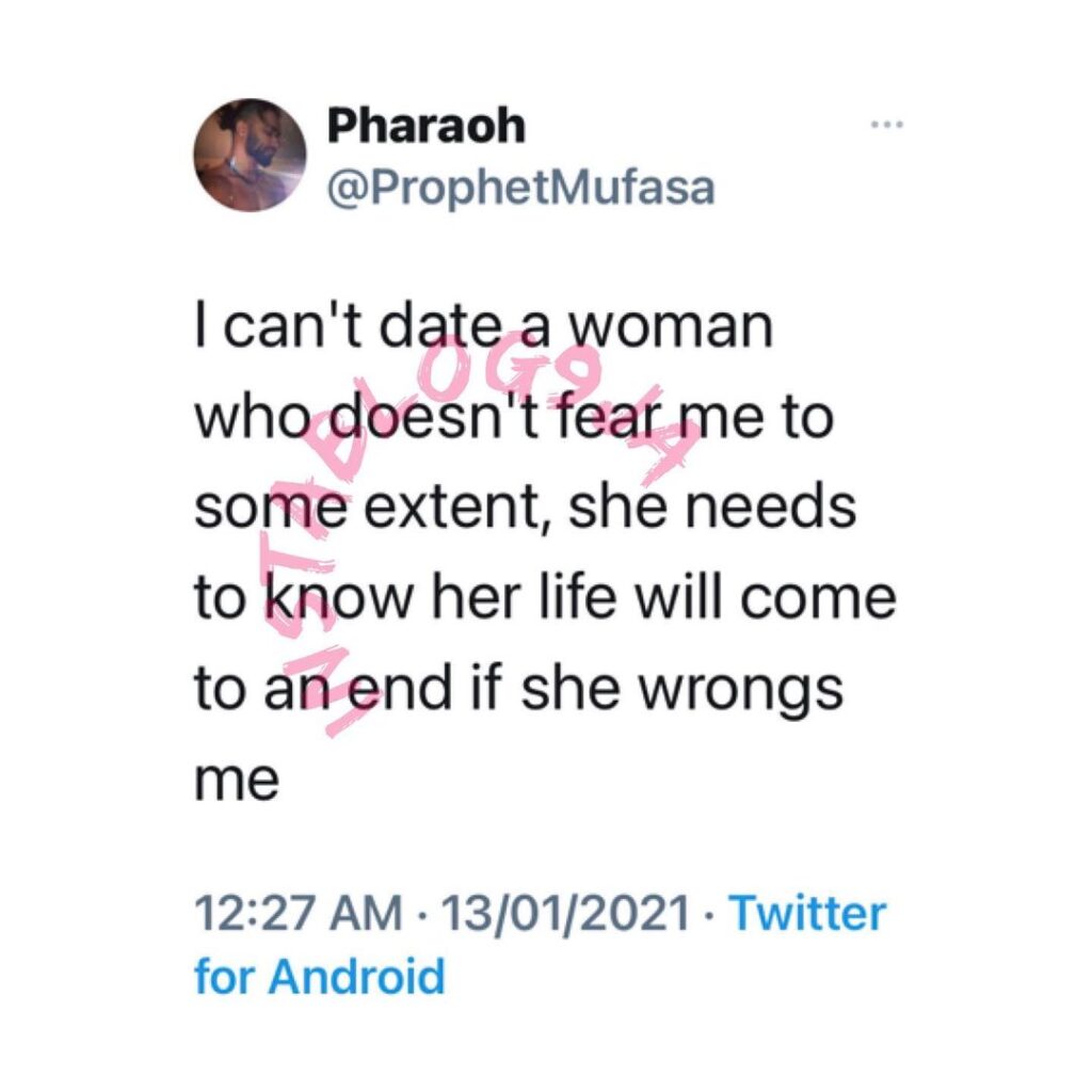 I can’t date a woman who doesn’t fear me — Prophet Mufasa