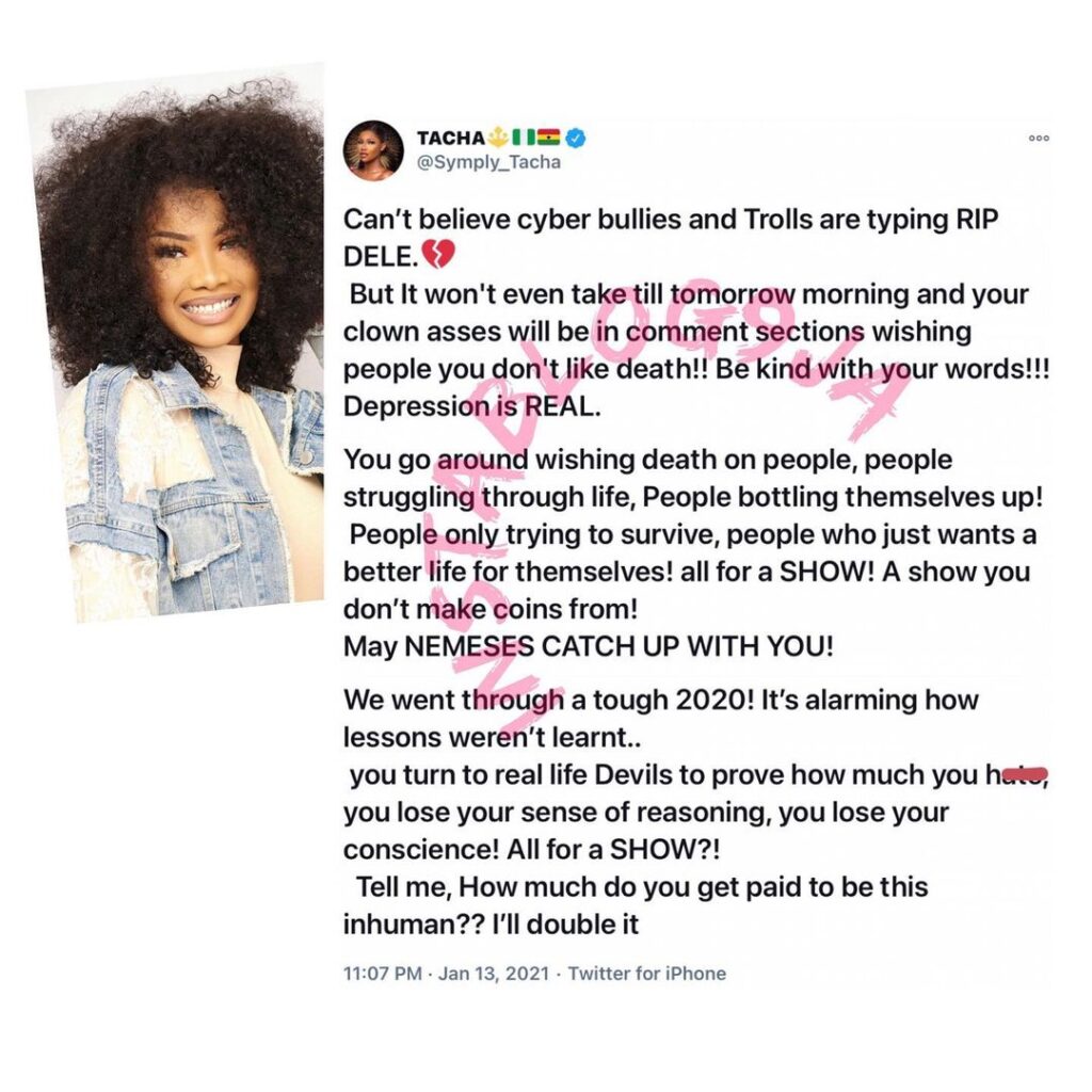 “How much do you get paid to be this inhuman?,” Reality TV Star Tacha asks BBN fans