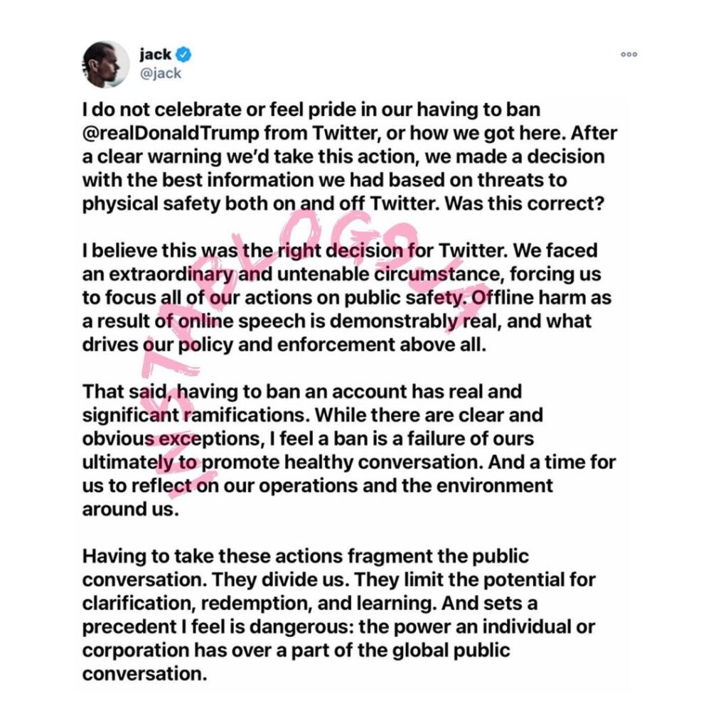 Trump Ban: If you don’t agree with our rules, go to other social media — Twitter CEO, Jack [Swipe]