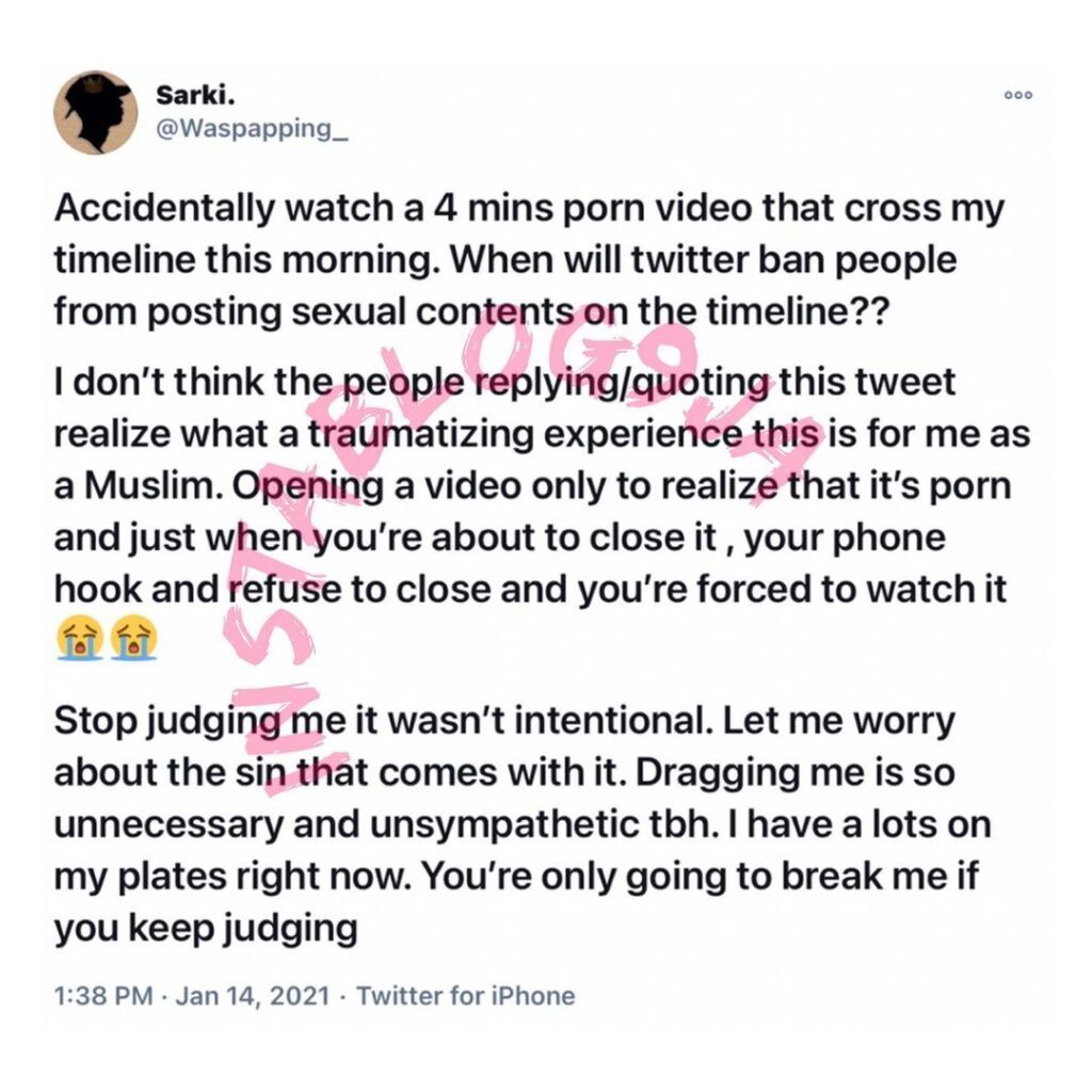 Nigerian activist, Sani, cries out after “accidentally” watching a 4 minutes X-rated video on Twitter