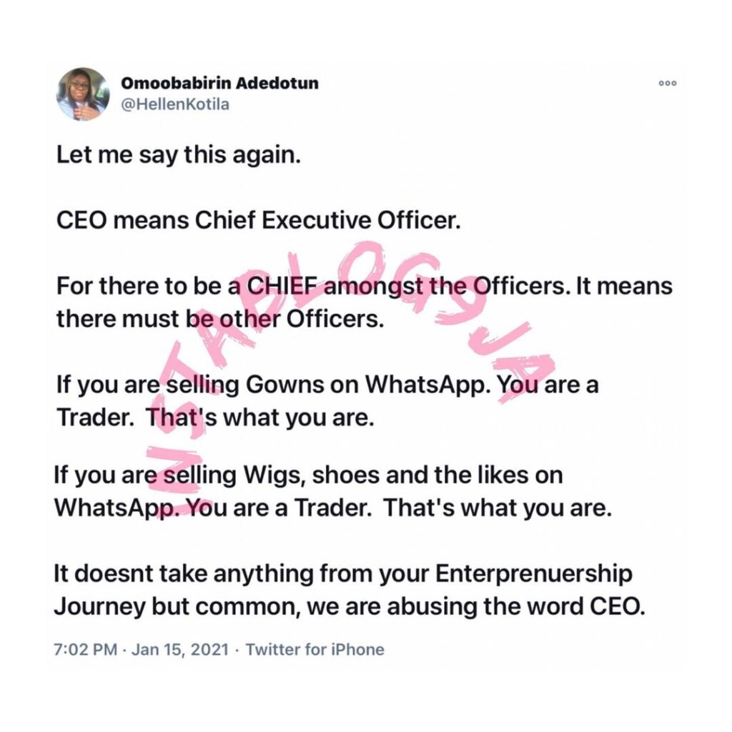 Stop abusing the word “CEO” — Businesswoman Adedotun warns