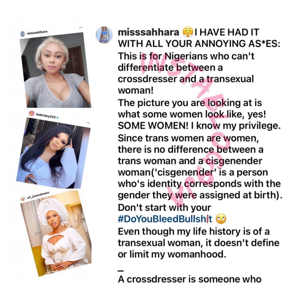 Stop painting the LGBT community badly with your stupid drama — Transgender Miss Sahara slams Bobrisky and James Brown [Swipe]