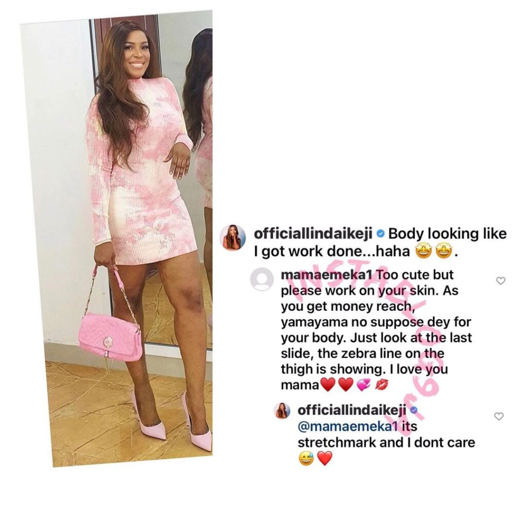 “I don’t care,” Blogger Linda Ikeji tells a follower who mocked her because of stretch-marks