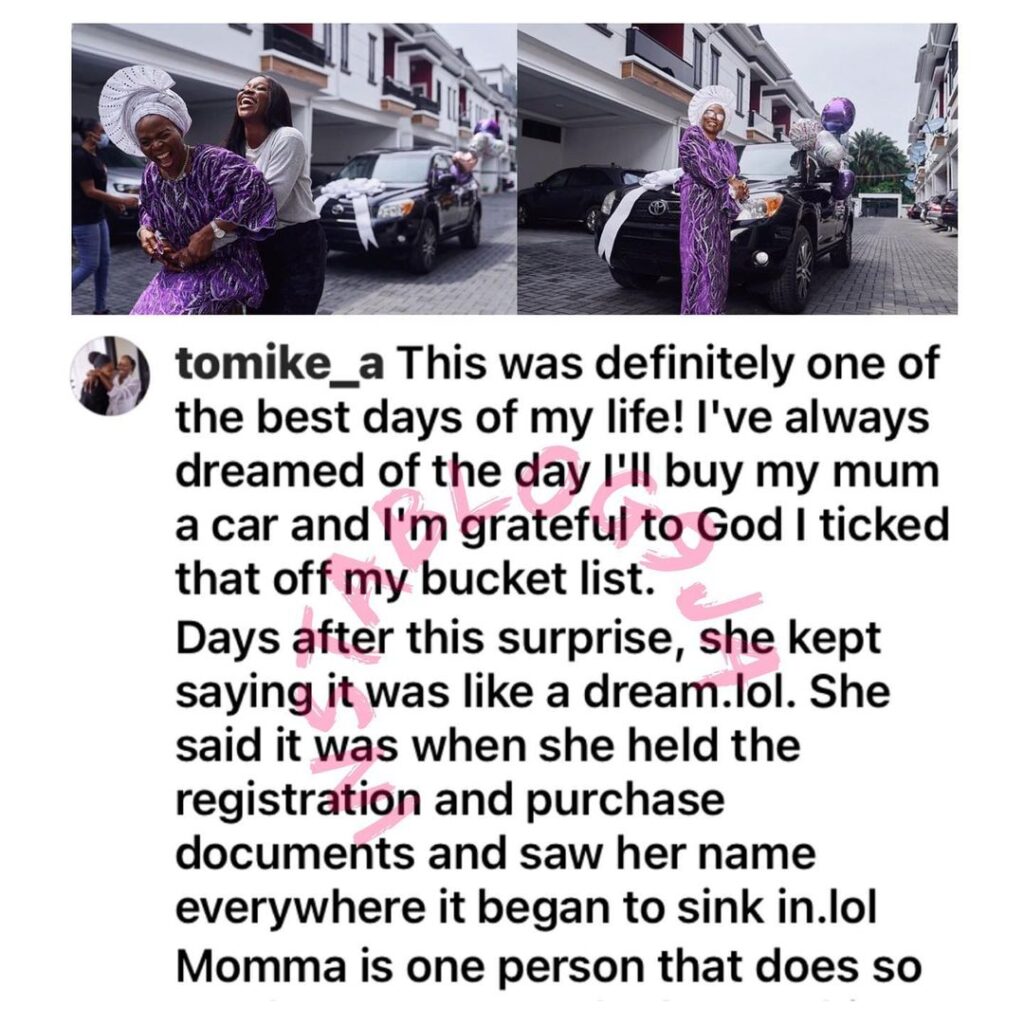 Media Personality Tomike Adeoye rewards her supportive mum with a car [Swipe]