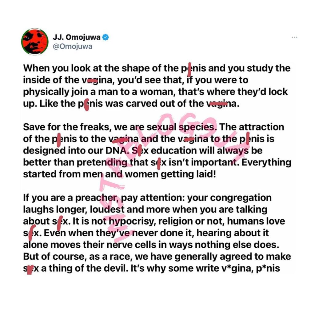 Humans love s*x even though it has been made a thing of the devil — Writer Omojuwa [Swipe]