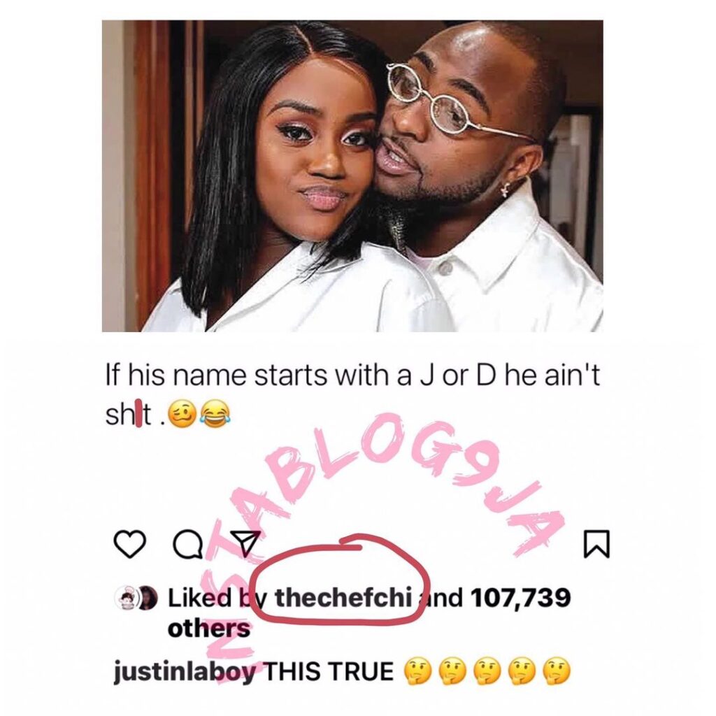Panic as Davido’s babymama, Chioma, fuels breakup rumor after liking a controversial IG post