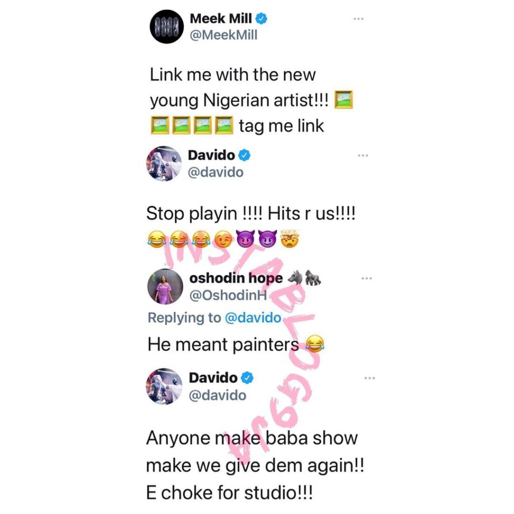 Davido rushes to American rapper, Meek mill’s page to stealthily beg for a collab