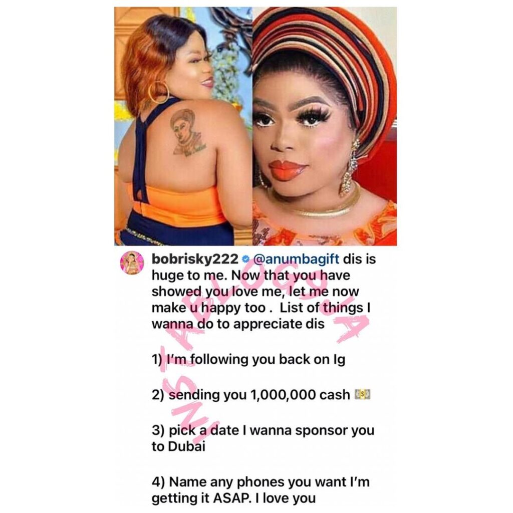 Socialite Bobrisky goes all out for a lady that tattooed her face on her back