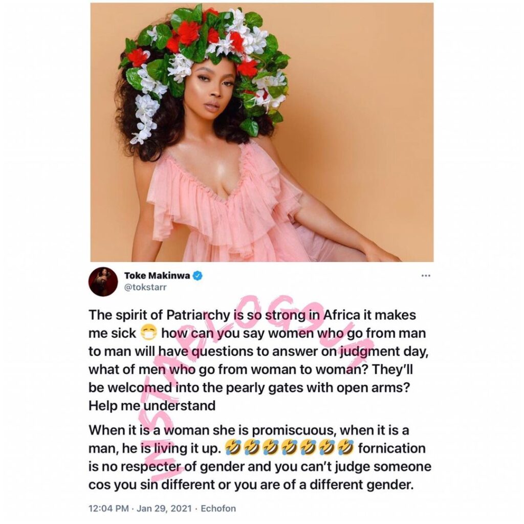 Fornication is no respecter of gender — Media personality, Toke Makinwa
