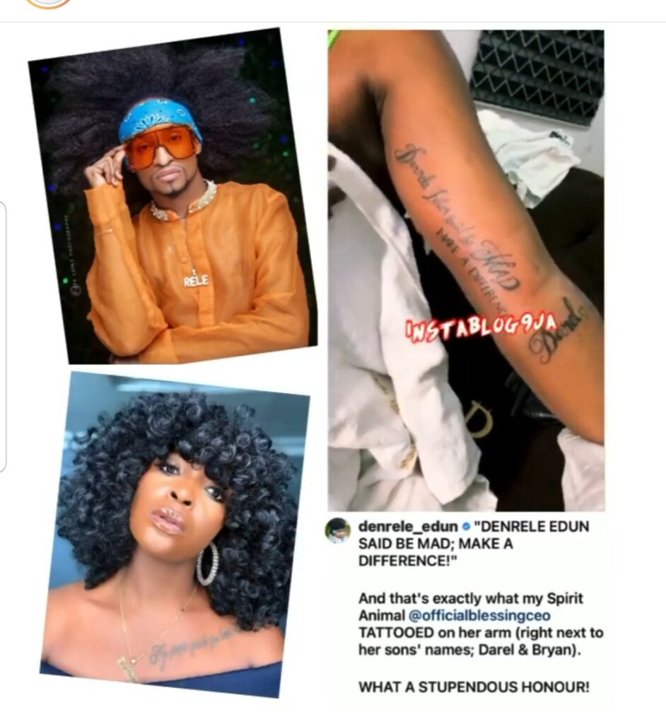 Relationship guru, Blessing Okoro, gets a tattoo of media personality Denrele’s name and quote. [Swipe]