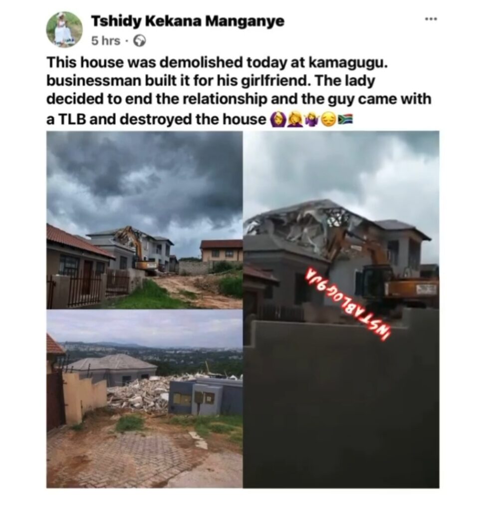 S. African man reportedly demolishes the house he built for his girlfriend after she ended their relationship