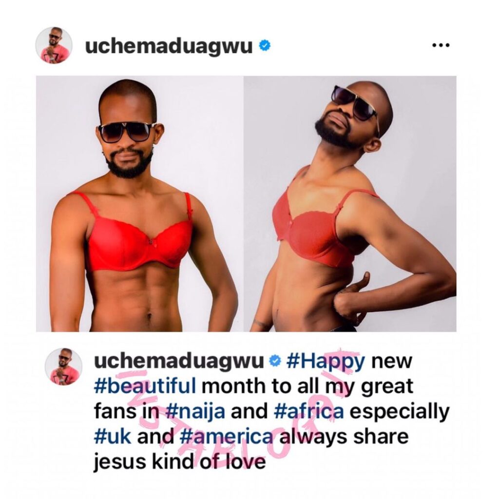 Actor Uche Maduagwu steps out in a lovely brassiere, days after coming out as gay