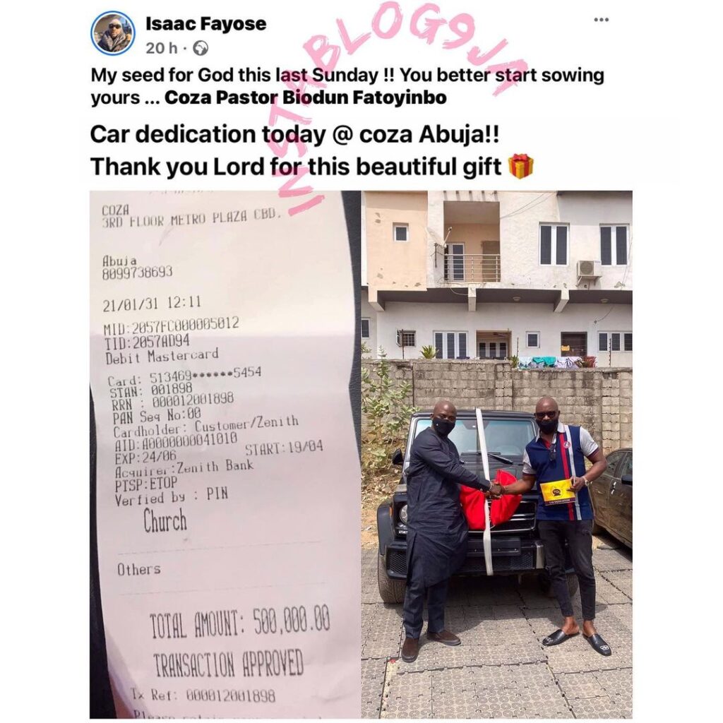 Ex-Governor Fayose’s brother, Isaac, shows off his seed to God, as he dedicates his new car