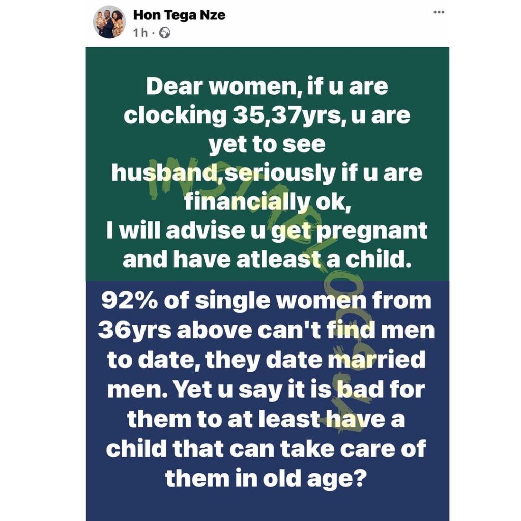 Hon. Tega advises single women at age 35 and above to get pregnant out of wedlock