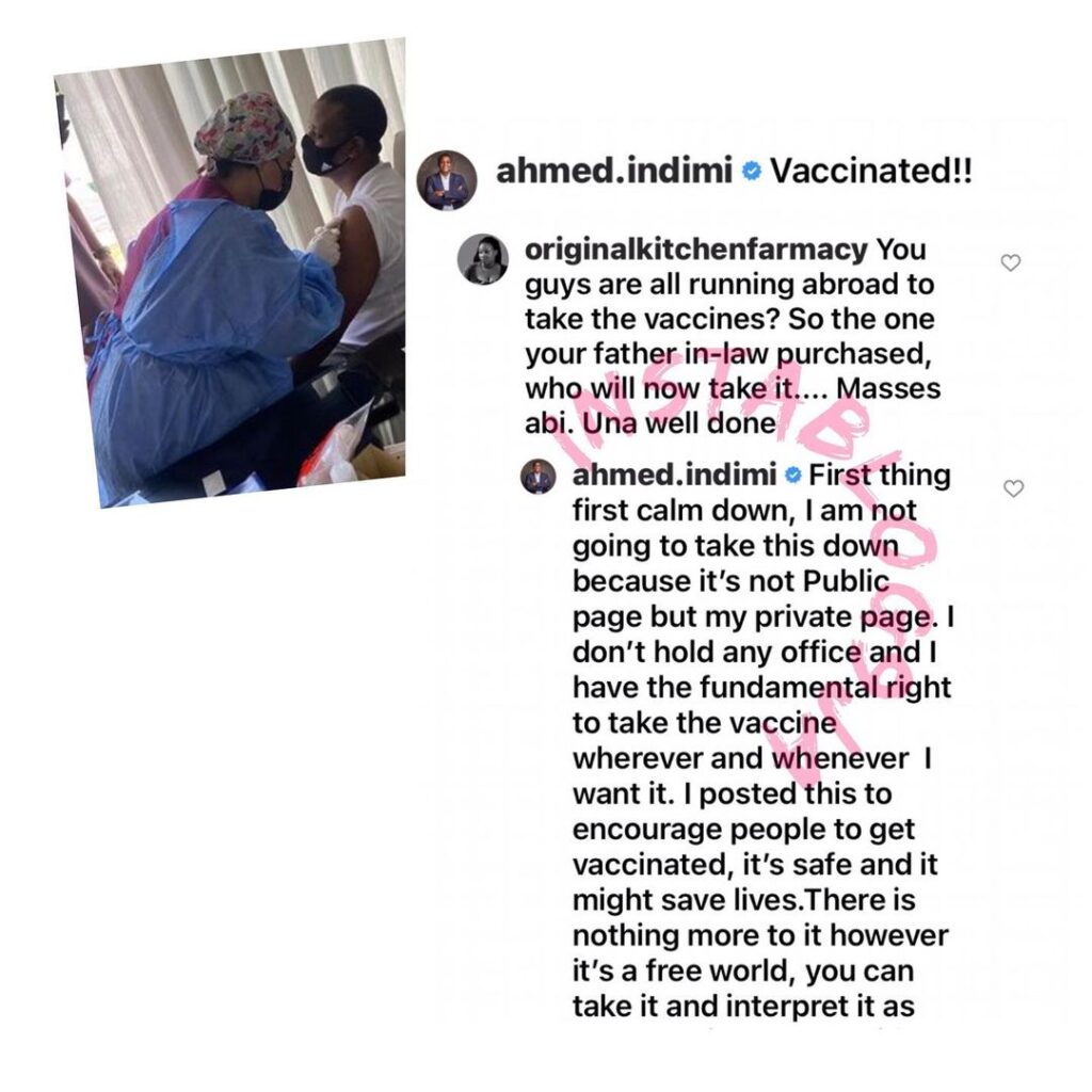 Pres. Buhari’s son-in-law, Ahmed Indimi, replies a follower who criticized him for taking the COVID-9 vaccine in Dubai. [Swipe]