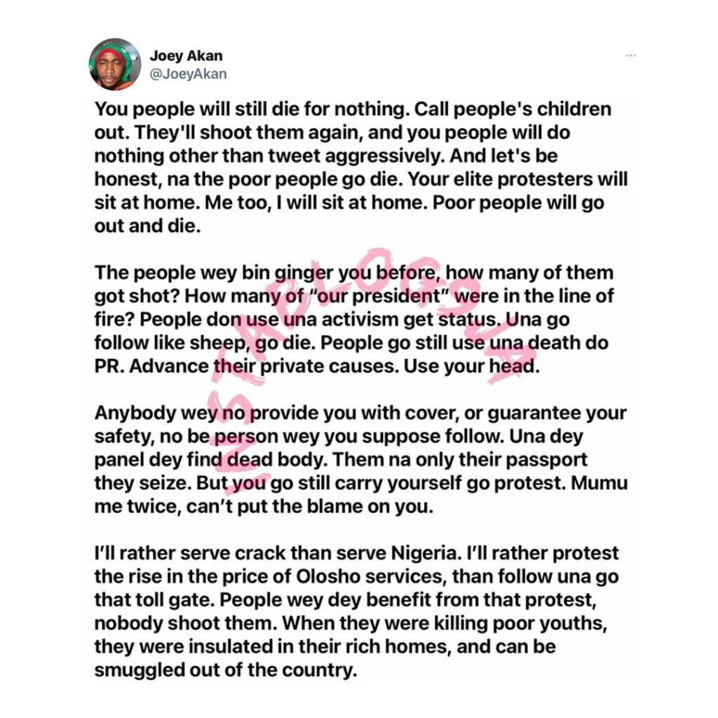 OcuppyLekkiTollgate protest: “You will die for nothing again while the elites sit at home,” Journalist Joey Akan warns poor Nigerians. [Swipe]