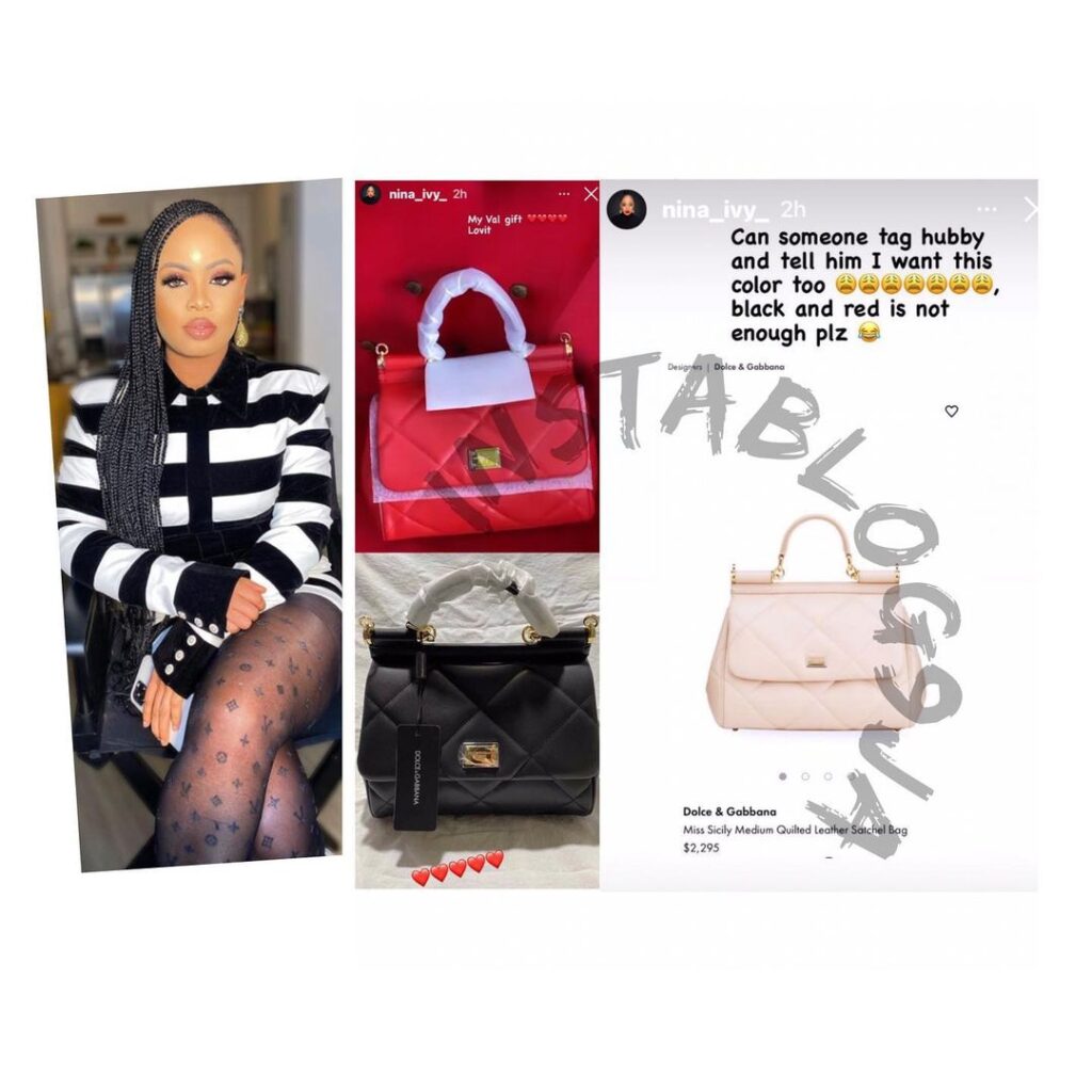 Valentine: Reality TV Star, Nina Ivy, demands more after receiving N2.2m worth of bags from her husband