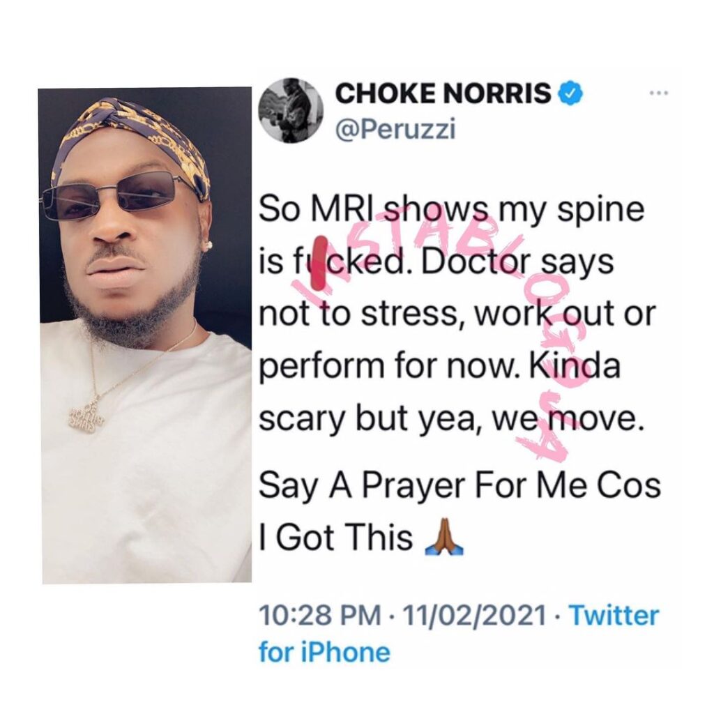 Singer Peruzzi calls for interdenominational prayers after a scary spinal cord scan result