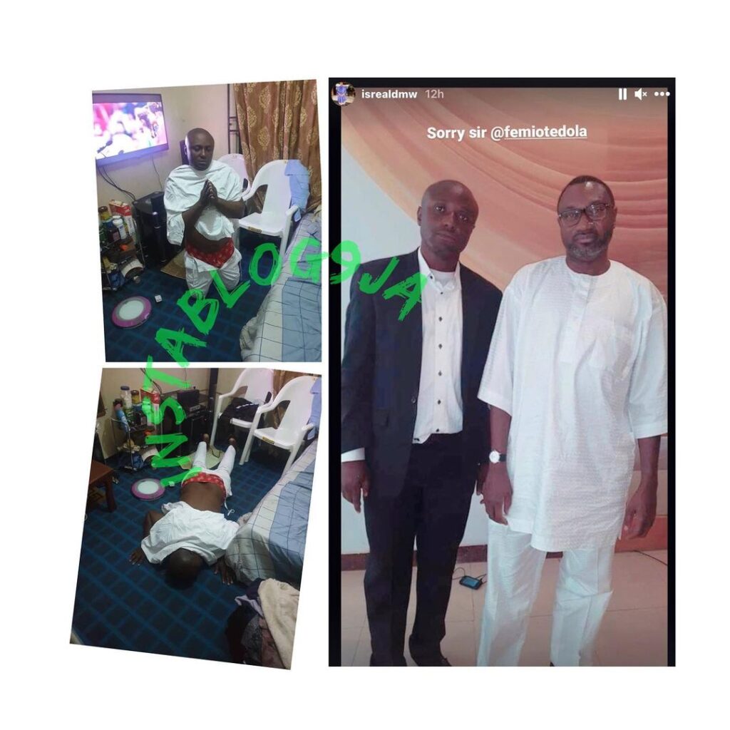 ZlatanIbile’s Saga: Singer Davido's PL manager, Isreal, pictured prostrating and kneeling to beg DJ Cuppy, as he also begs her dad