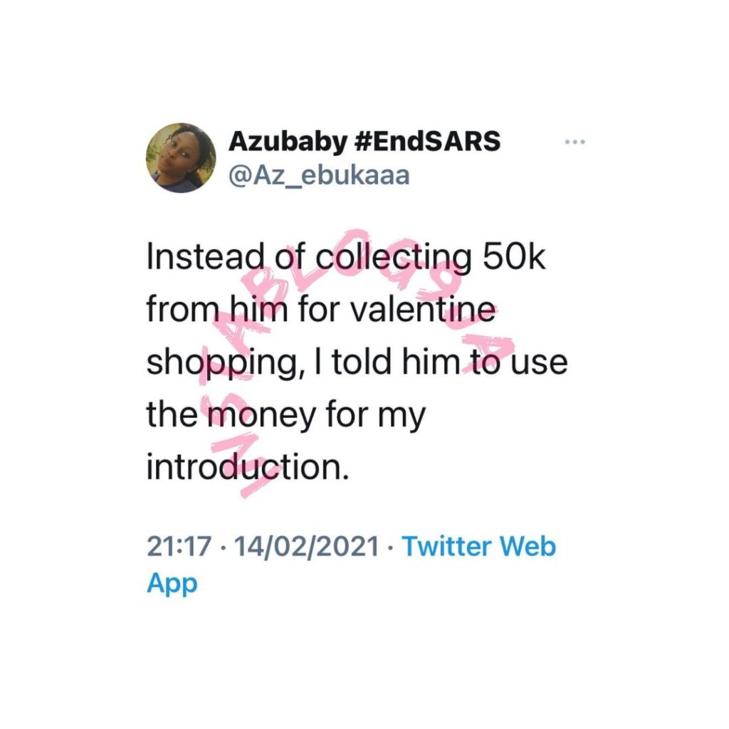 Lady reveals what she told her boyfriend to do with a N50k cash gift for Vals Day