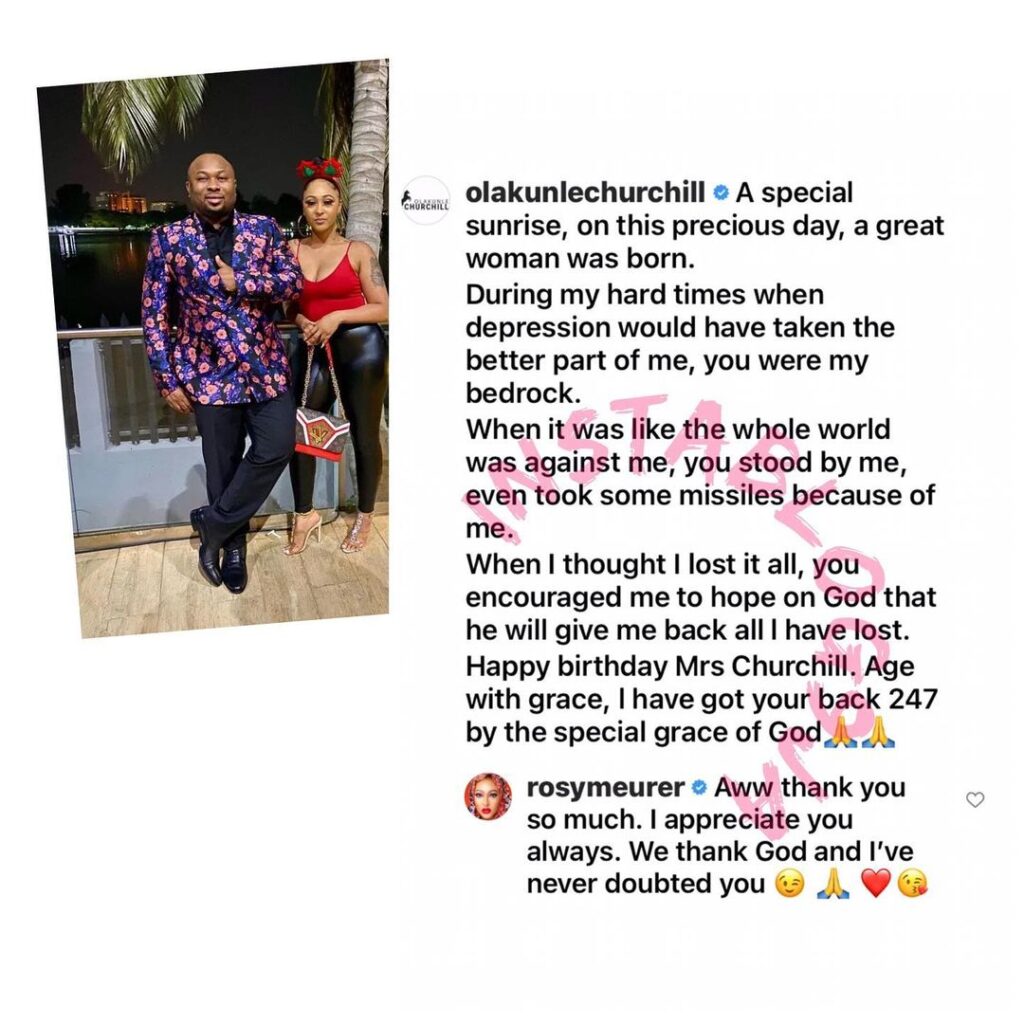“Mrs Churchill,” after several denials, actress Dikeh’s ex, Churchill, confirms his marriage to actress Rosy Meurer whom she accused of breaking her marriage. [Swipe] 📹: @mediaroomhub_
