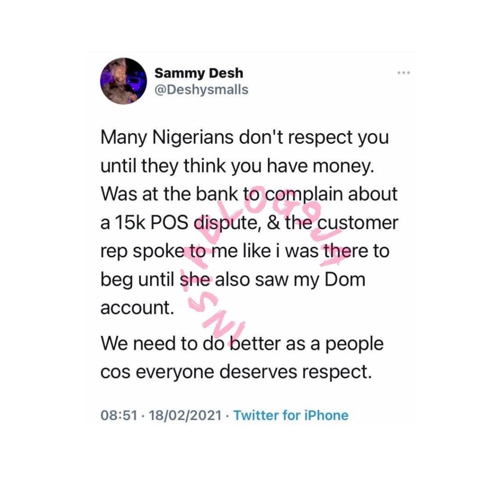 Nigerians don’t respect you until they think you have money — Journalist Sammy Desh