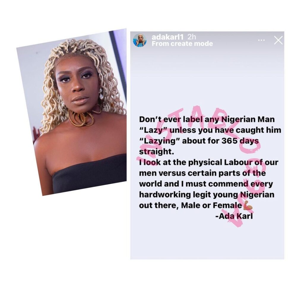Don’t ever label any Nigerian man lazy unless you’ve caught him laying around — Actress Ada Karl