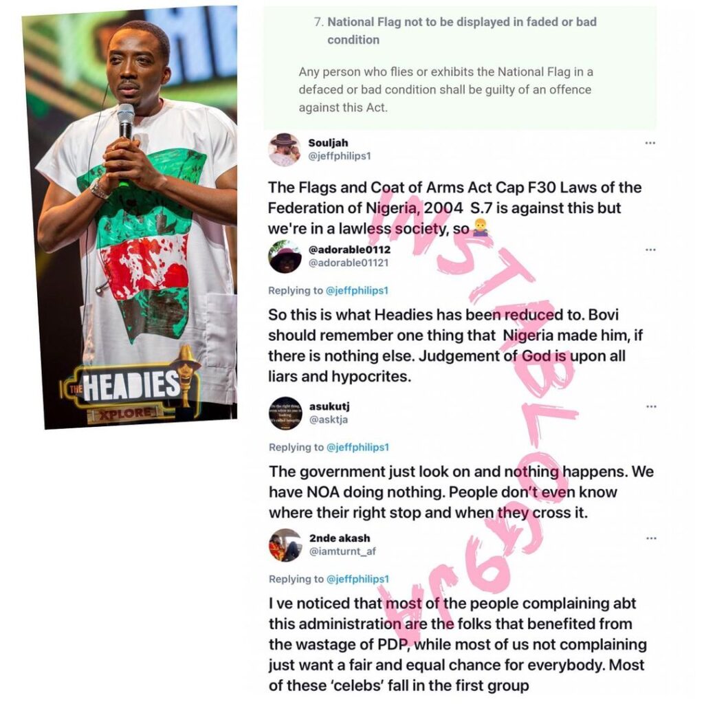 Comedian Bovi accused of “displaying the Nigerian flag in a bad light” and breaking a law at The Headies