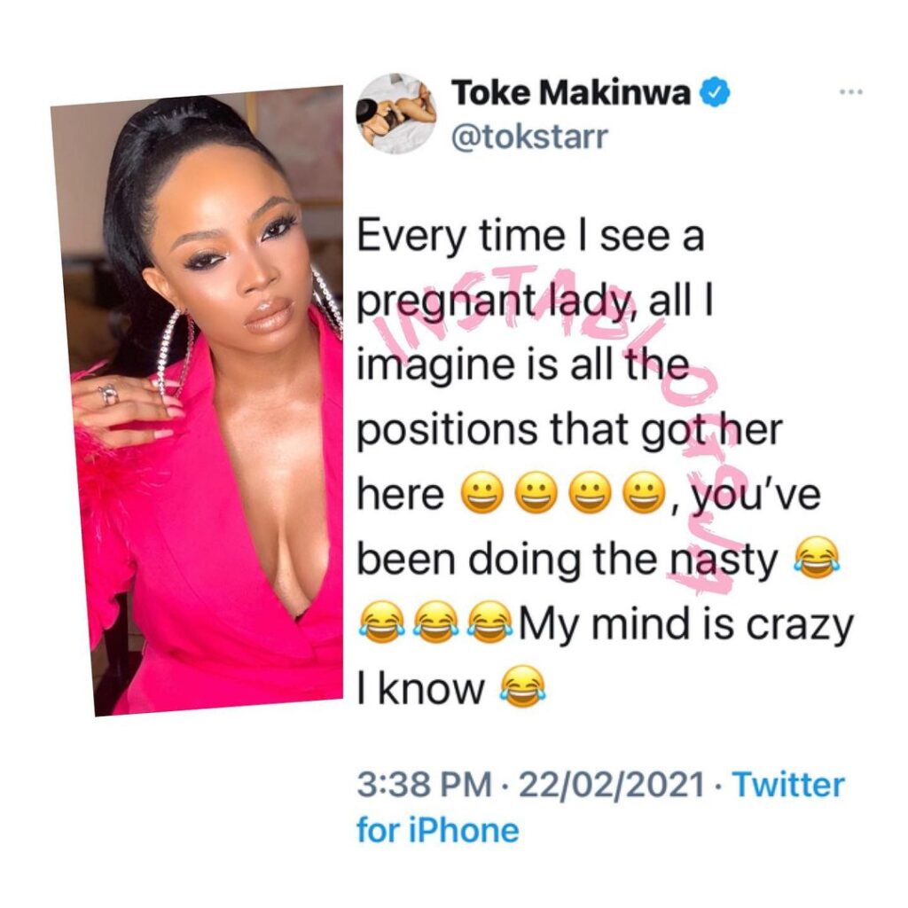 OAP Toke Makinwa reveals what comes to her mind whenever she sees a pregnant woman