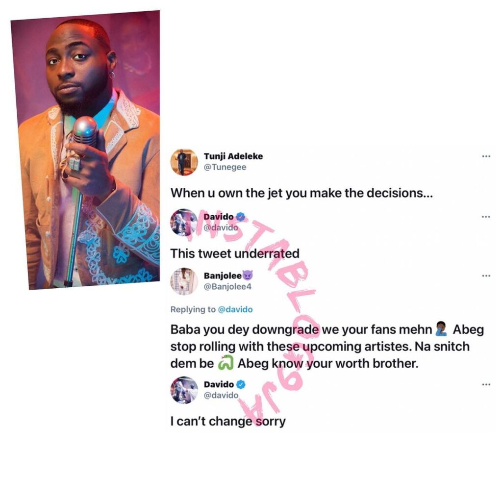 Singer Davido replies fan who asked him to stop rolling with upcoming artistes