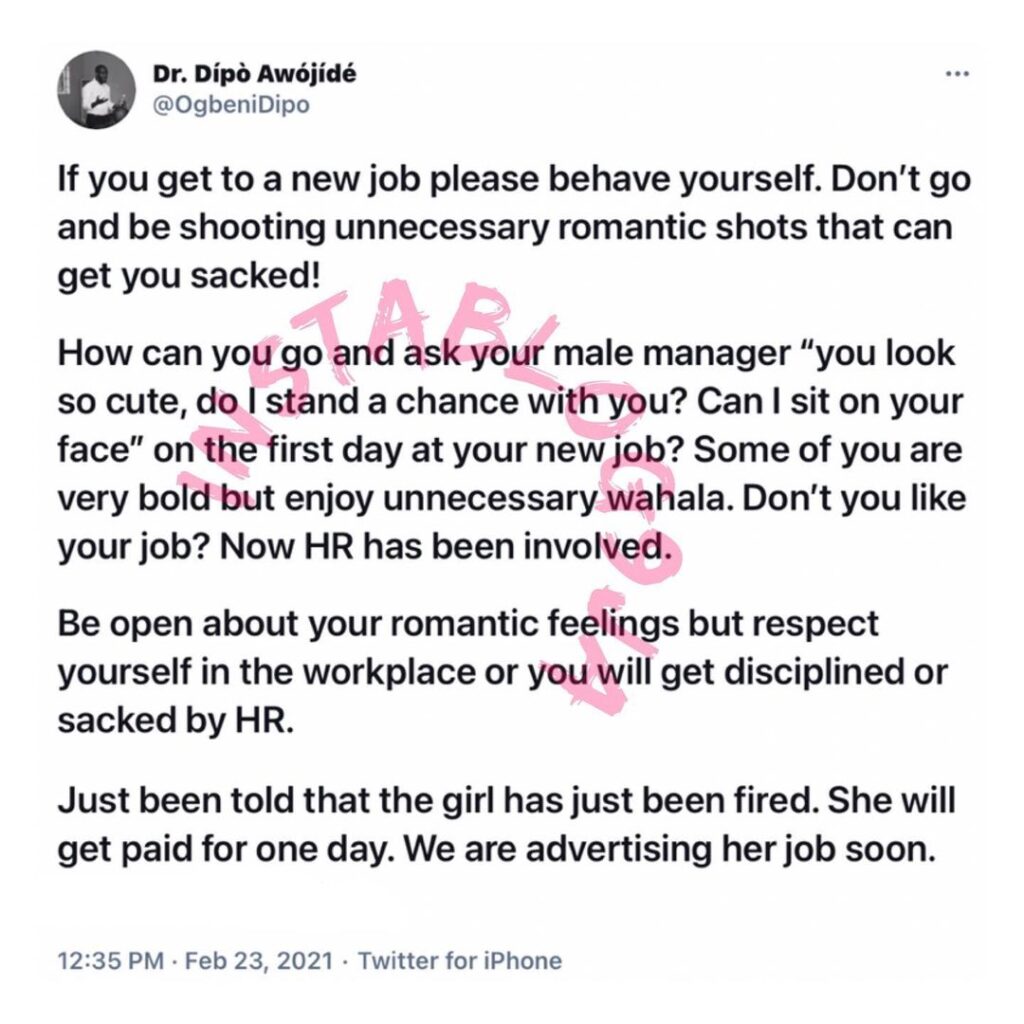 Lady sacked on her first day at work for making s*xual advances at her boss