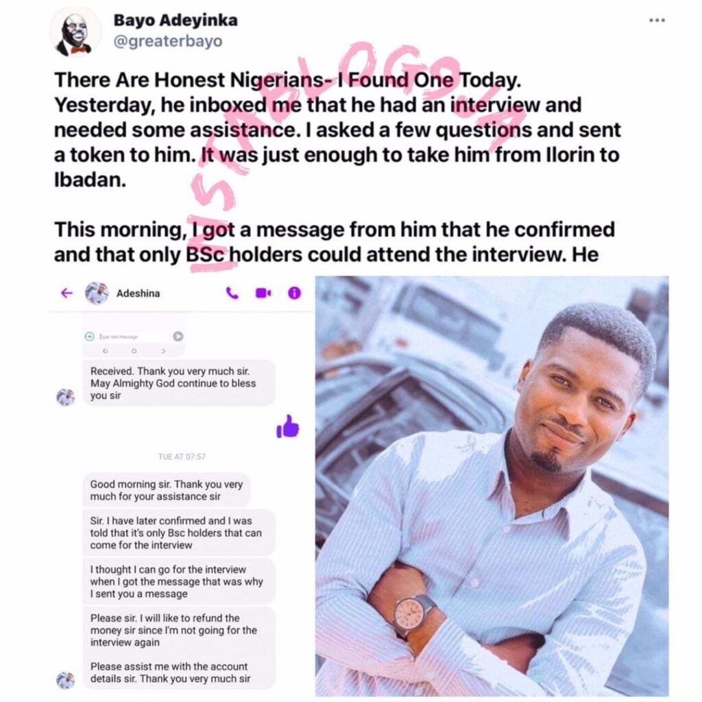 Jobseeker returns money given to him to go for an interview after discovering he’s not qualified. [Swipe]