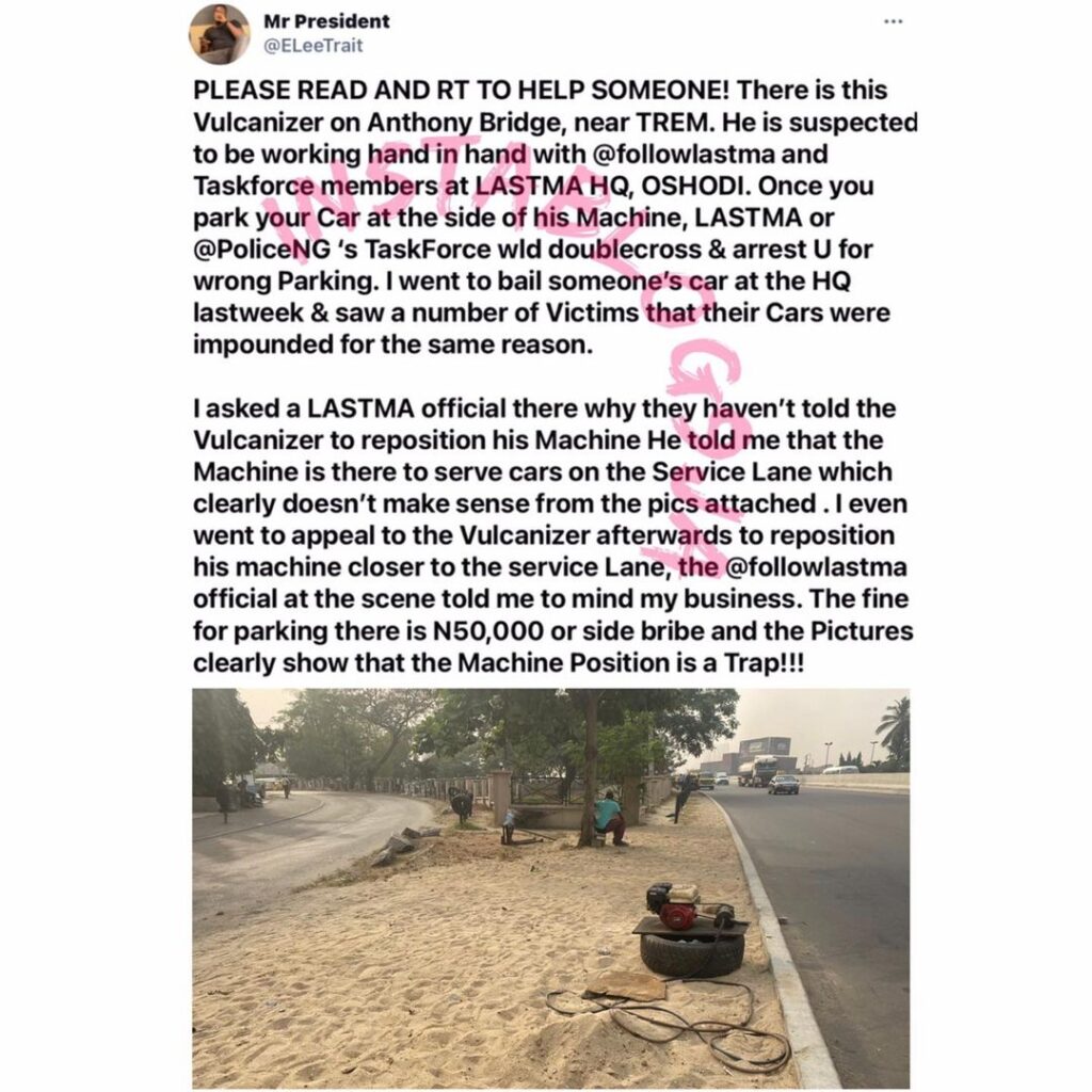 Man raises alarm over a vulcanizer who is allegedly colluding with LASTMA officials to trap drivers