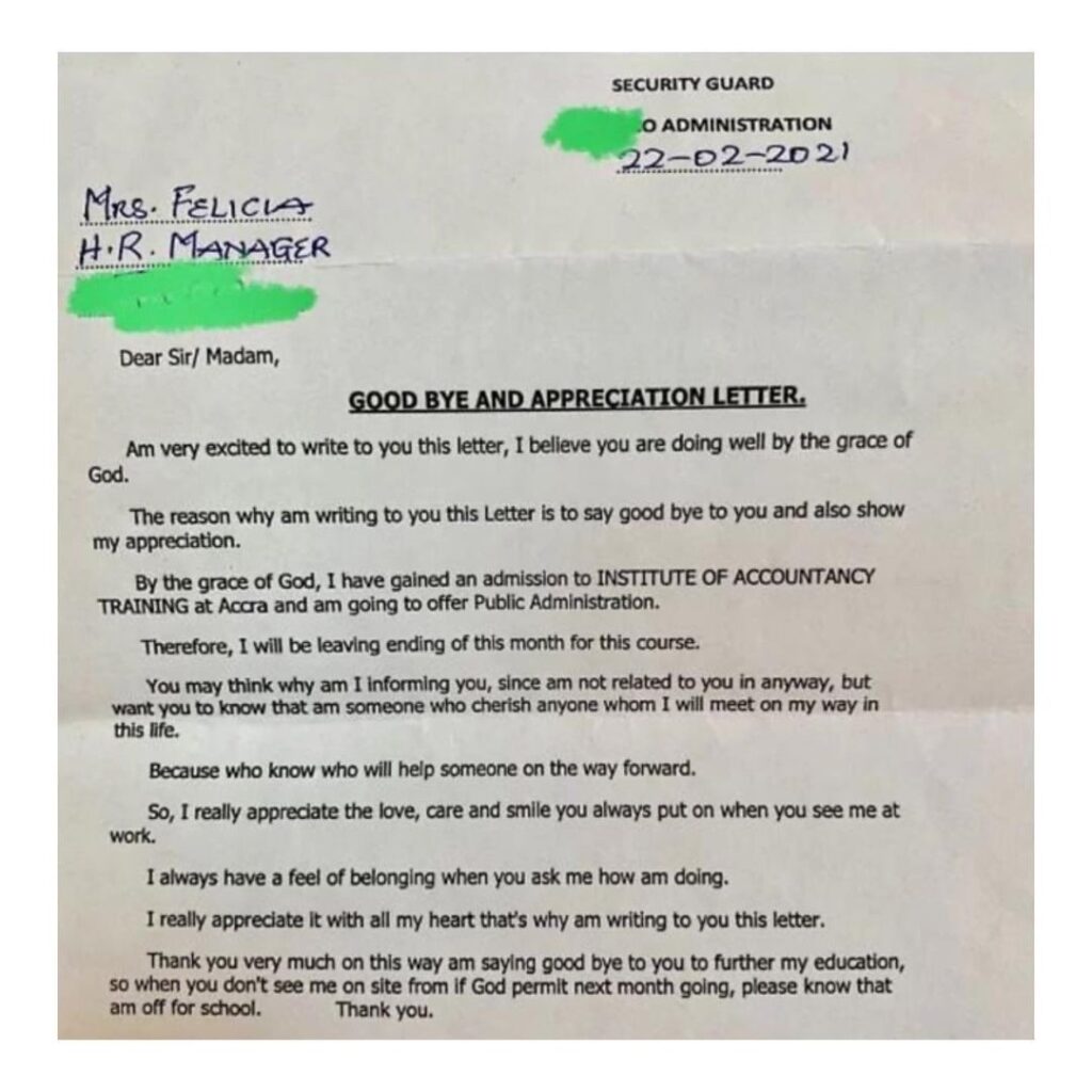 Lady shares heartwarming letter she allegedly received from a staff who quit his job to further his education