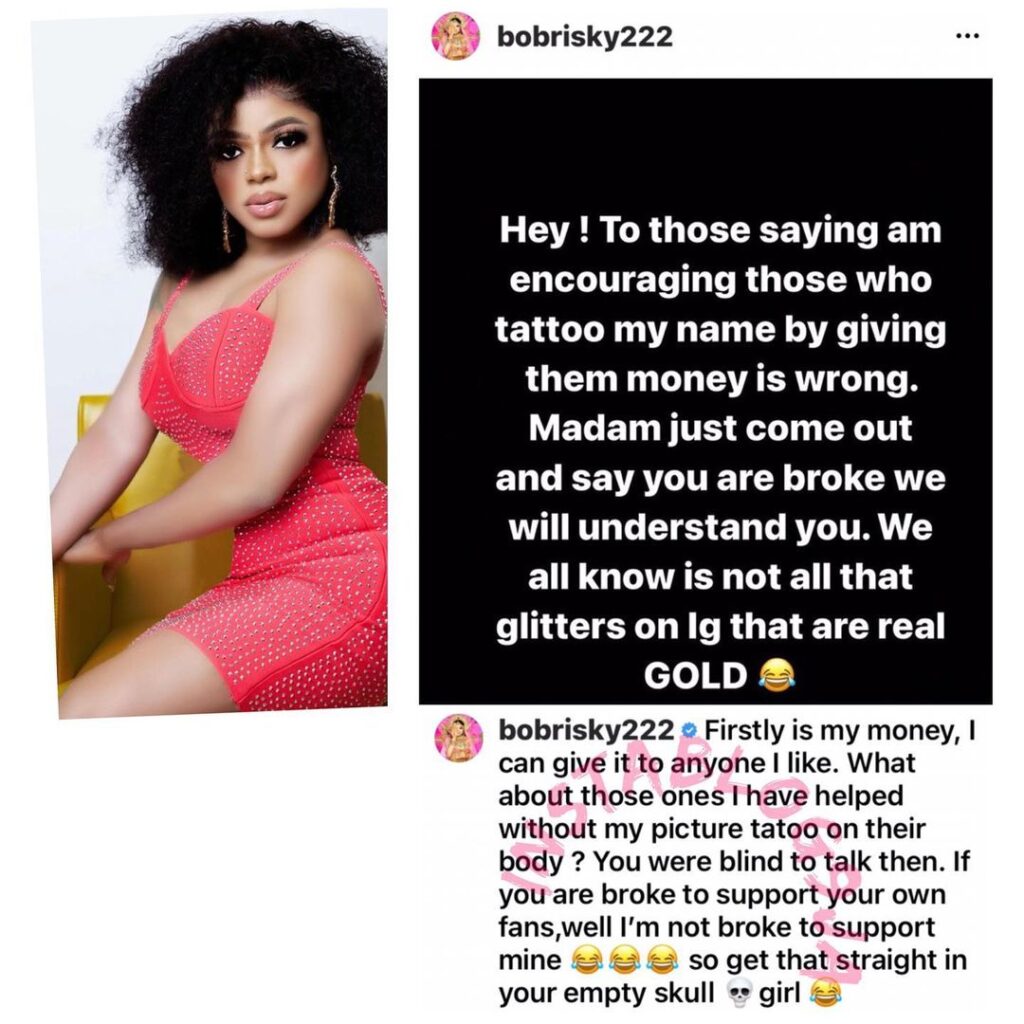 Crossdresser Bobrisky tackles BBN’s Ka3na for insinuating that he encourages her fans to tattoo him on their body by giving them money [Swipe]