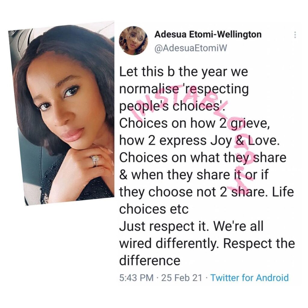Let this be the year we normalise respecting people’s choices — Actress Adesua Etomi
