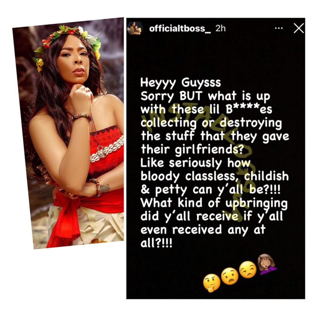 You’re classless and childish if you collect or destroy the things you bought for your girlfriend after breakup — Reality TV Star, Tboss